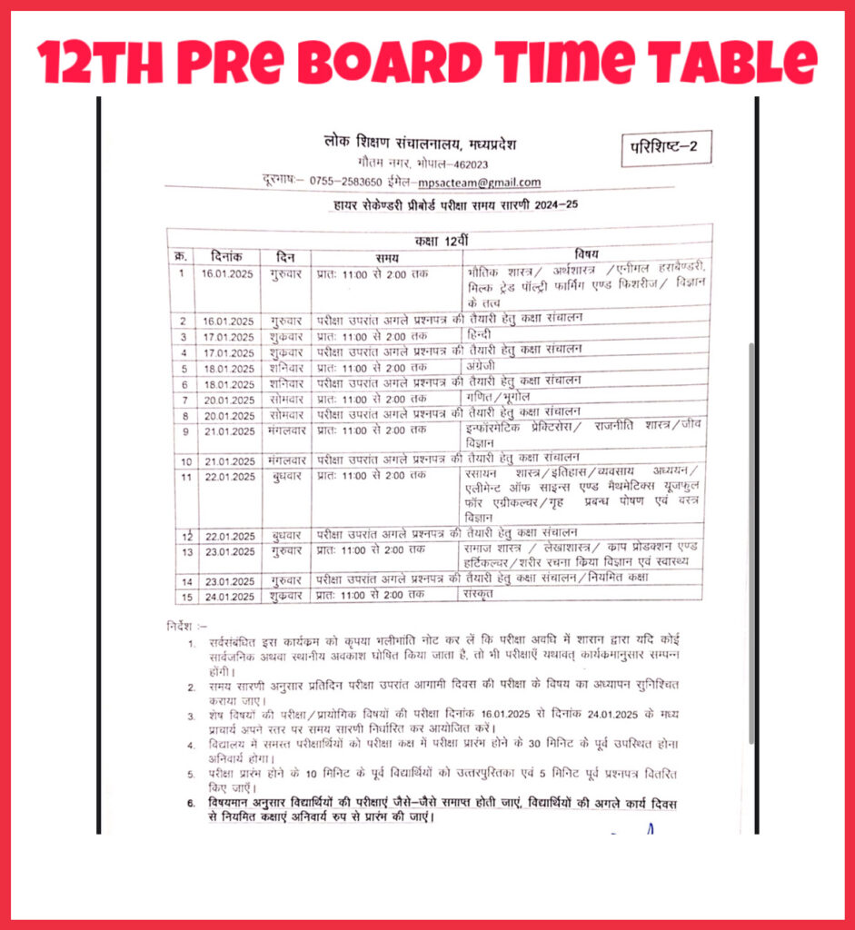 Mp  Pre Board Exam Time Table 2024-25 