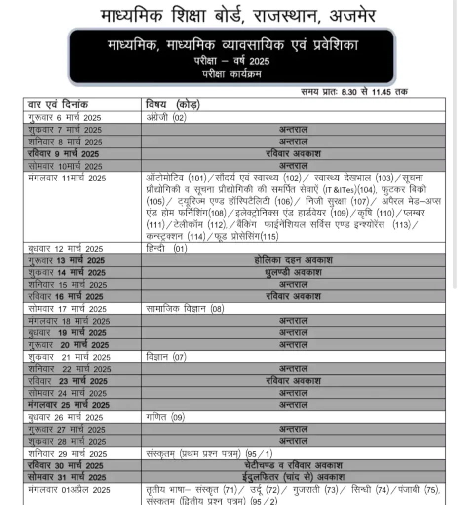 Rajasthan Board Time Table 2025 Class 10th 12th PDF राजस्थान बोर्ड टाइम टेबल 2025 देखें » Apni Study