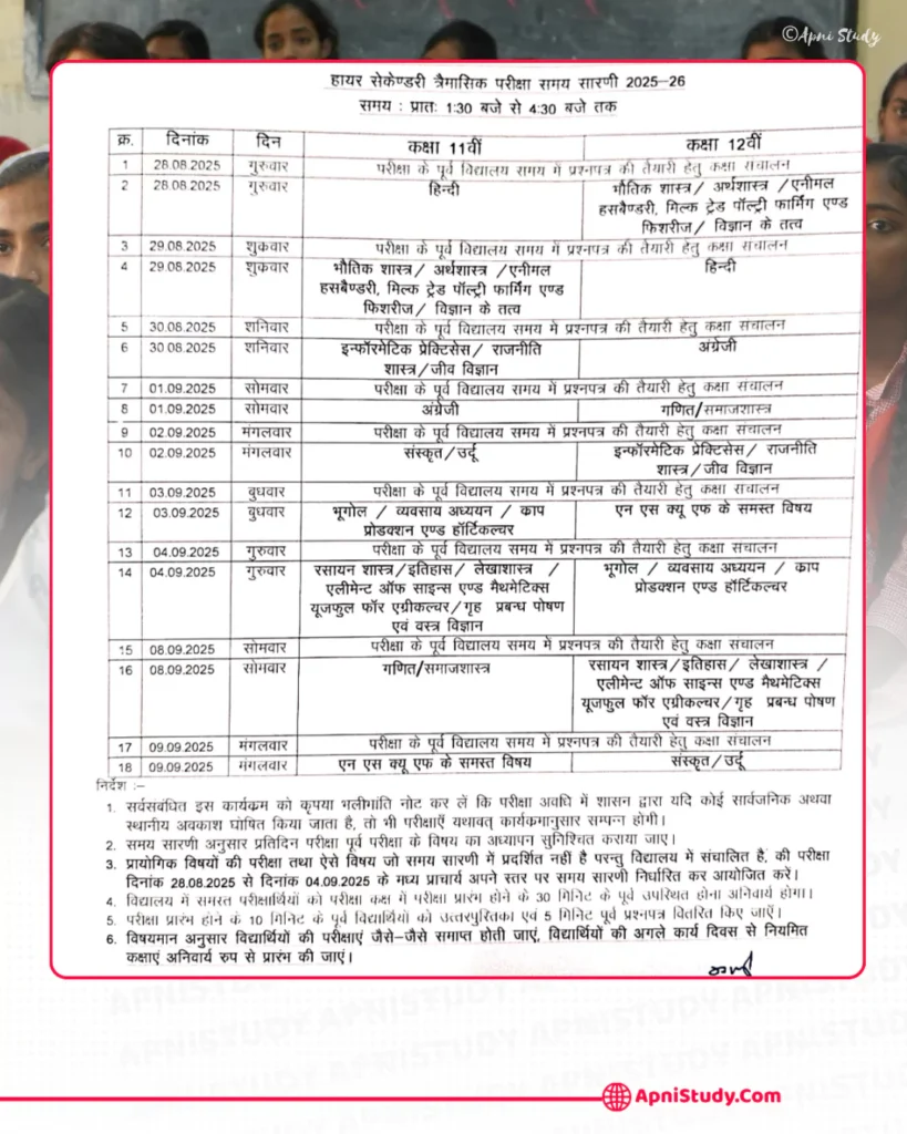 MP Board Trimasik Pariksha Time Table 2025 एमपी बोर्ड त्रैमासिक परीक्षा टाइम टेबल कक्षा 9वीं 10वीं 11वीं 12वीं Mp board Trimasik Pariksha Time Table Class 11th and 12th