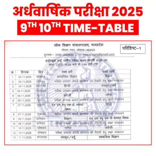 MP Board 9th 10th Half Yearly Time Table 2025
एमपी बोर्ड कक्षा 9वीं 10वीं अर्धवार्षिक परीक्षा टाइम टेबल 2025